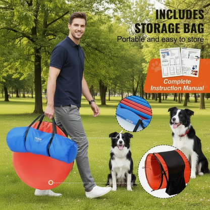 Man holding a red and blue portable storage bag with a dog in the background, including text about storage bag features.