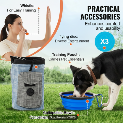 Dog accessories including a whistle, flying disc, training pouch, and collapsible bowl with a dog drinking water.