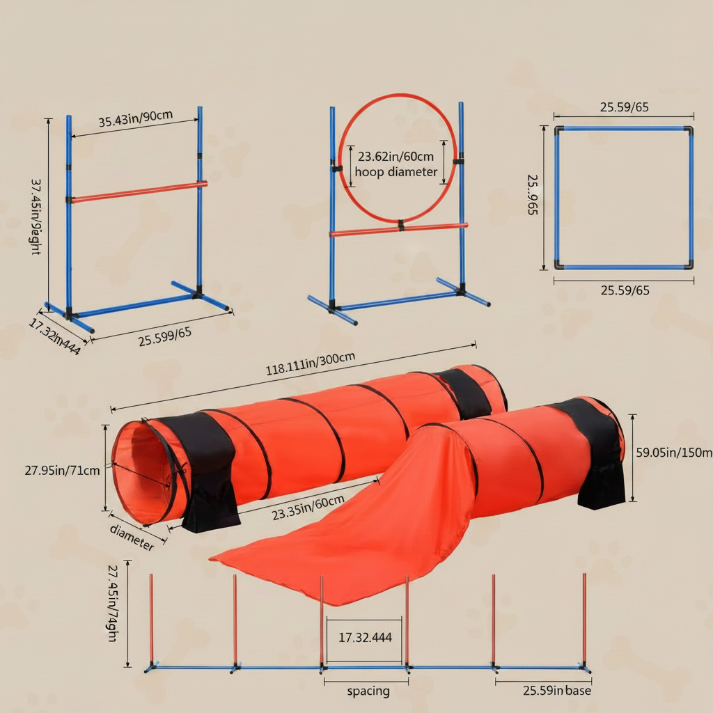 Measurement chart of a PVC obstacle course with dimensions labeled.