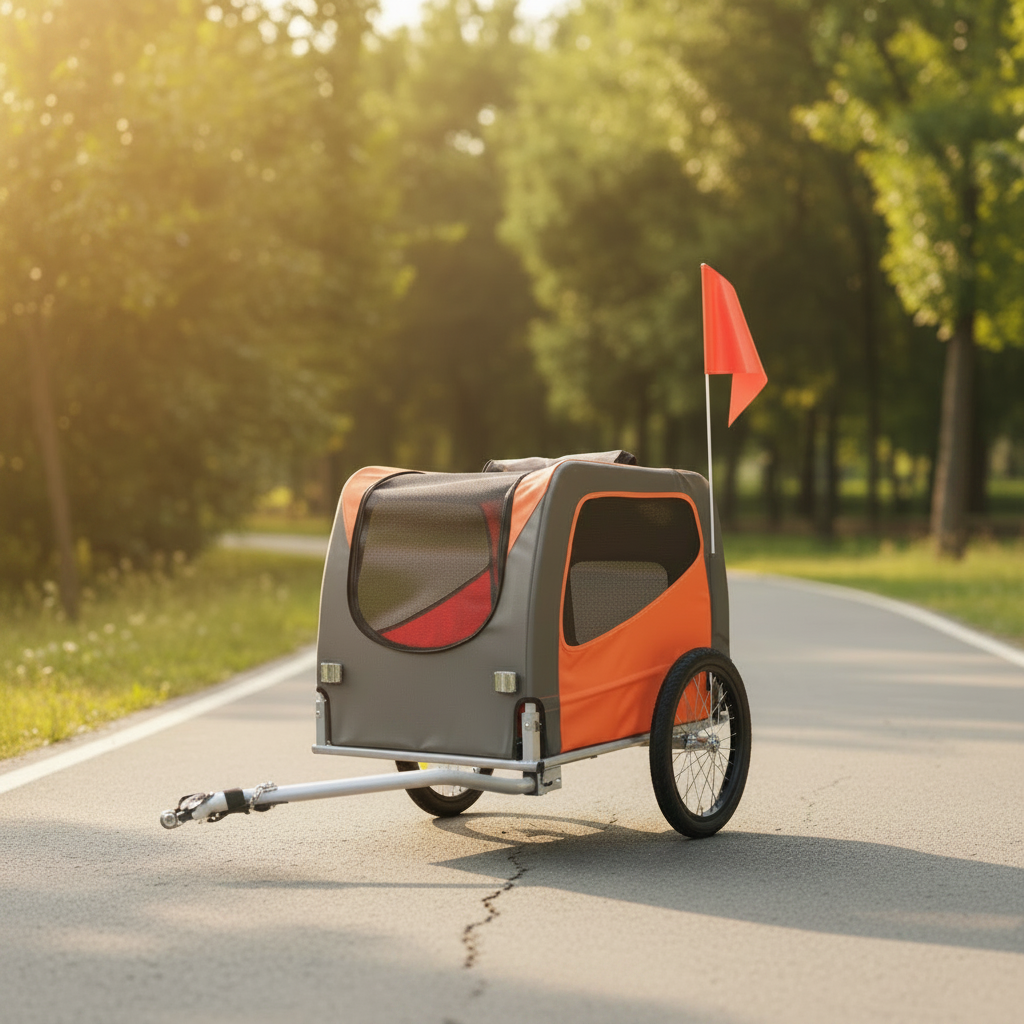 Orange and gray pet trailer with 'Vevor' branding on a bike path with trees, grass  and blue sky in the background.