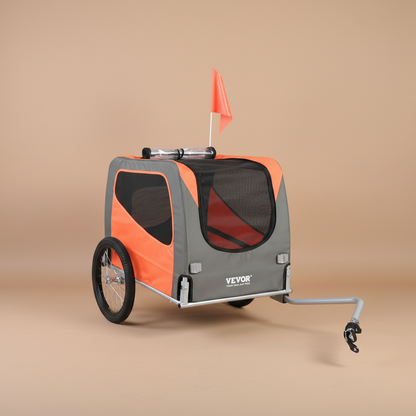 Orange and gray pet bike trailer with a red flag on a beige background, featuring the Vevor brand.