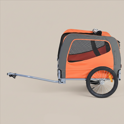 Orange and gray pet bike trailer on a white background