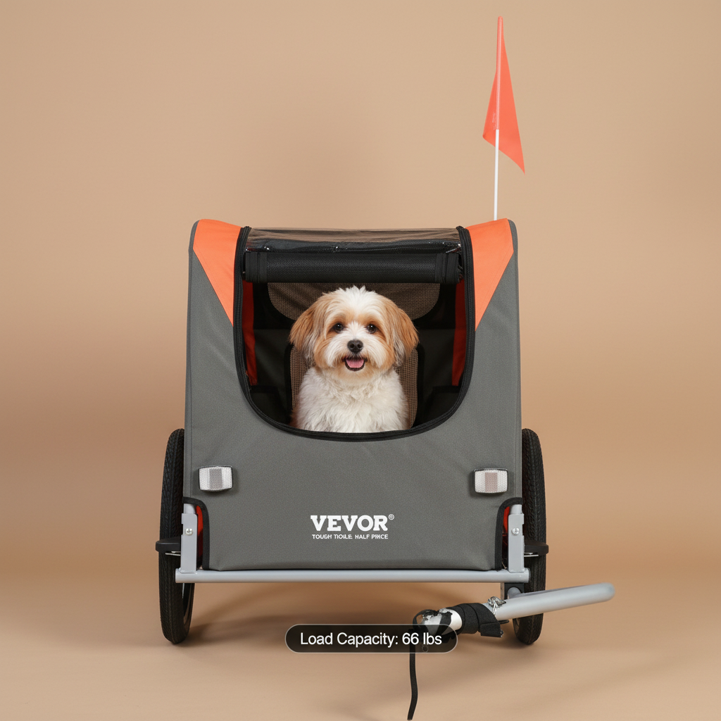 Gray and orange pet trailer with a red flag on a beige background