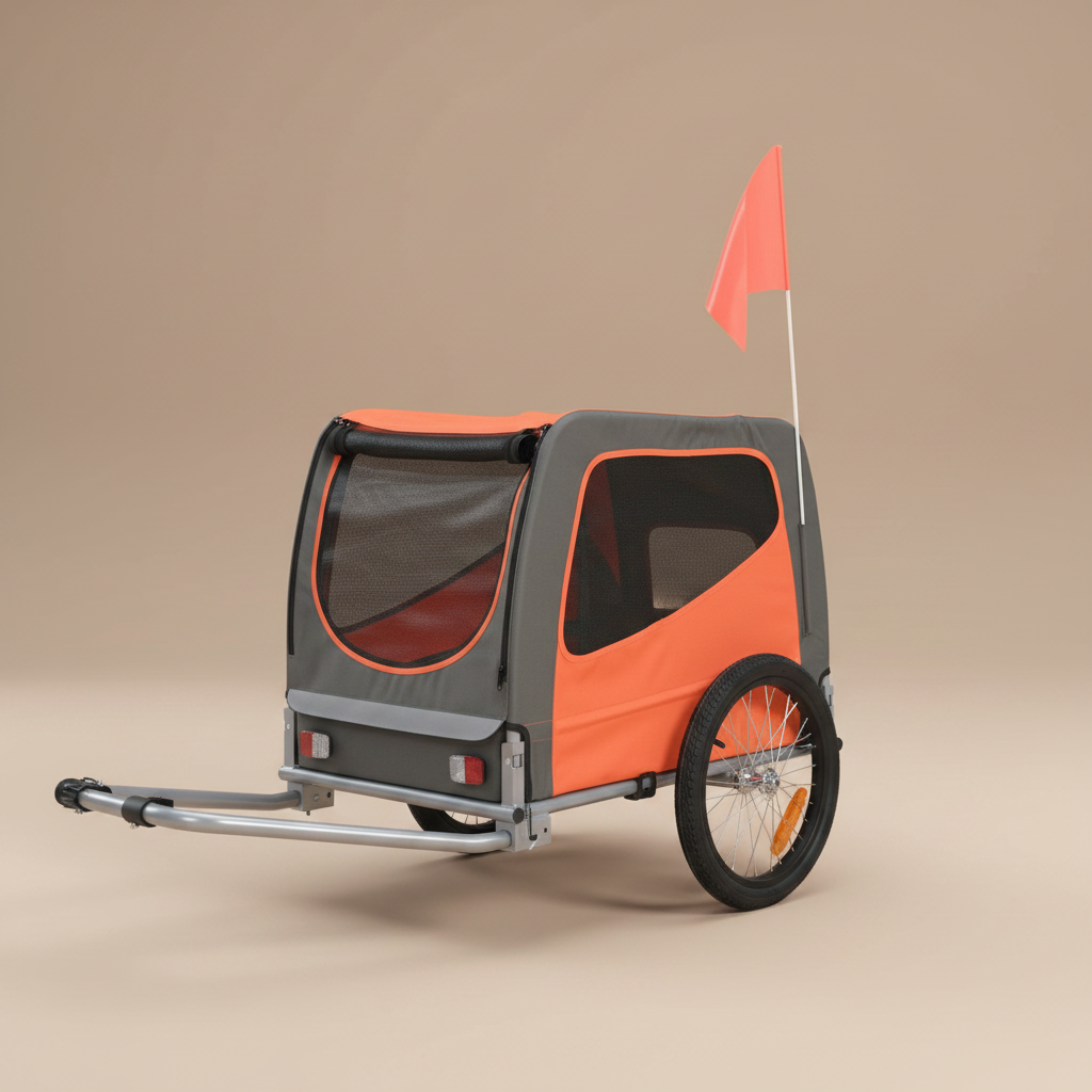 Orange and gray pet bike trailer with a red flag on a beige background