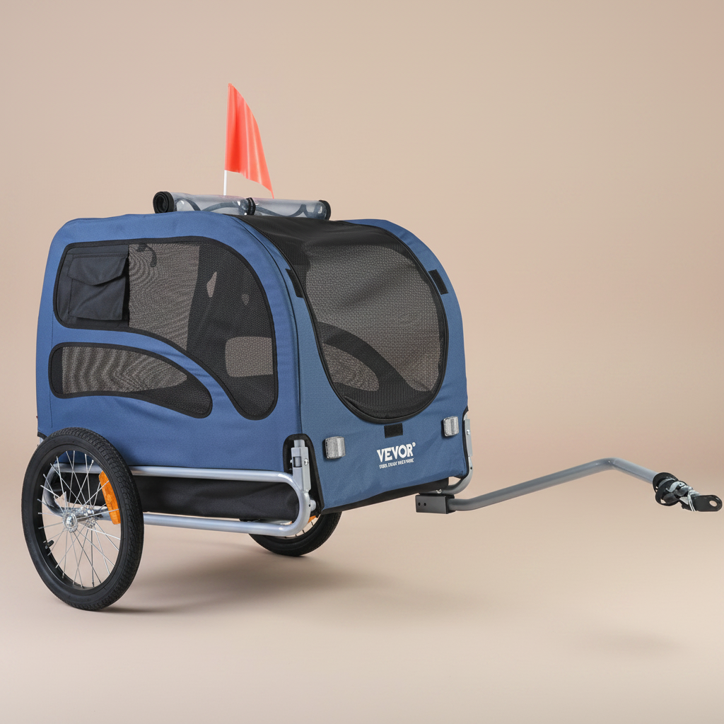 Blue with black trim pet bicycle trailer.