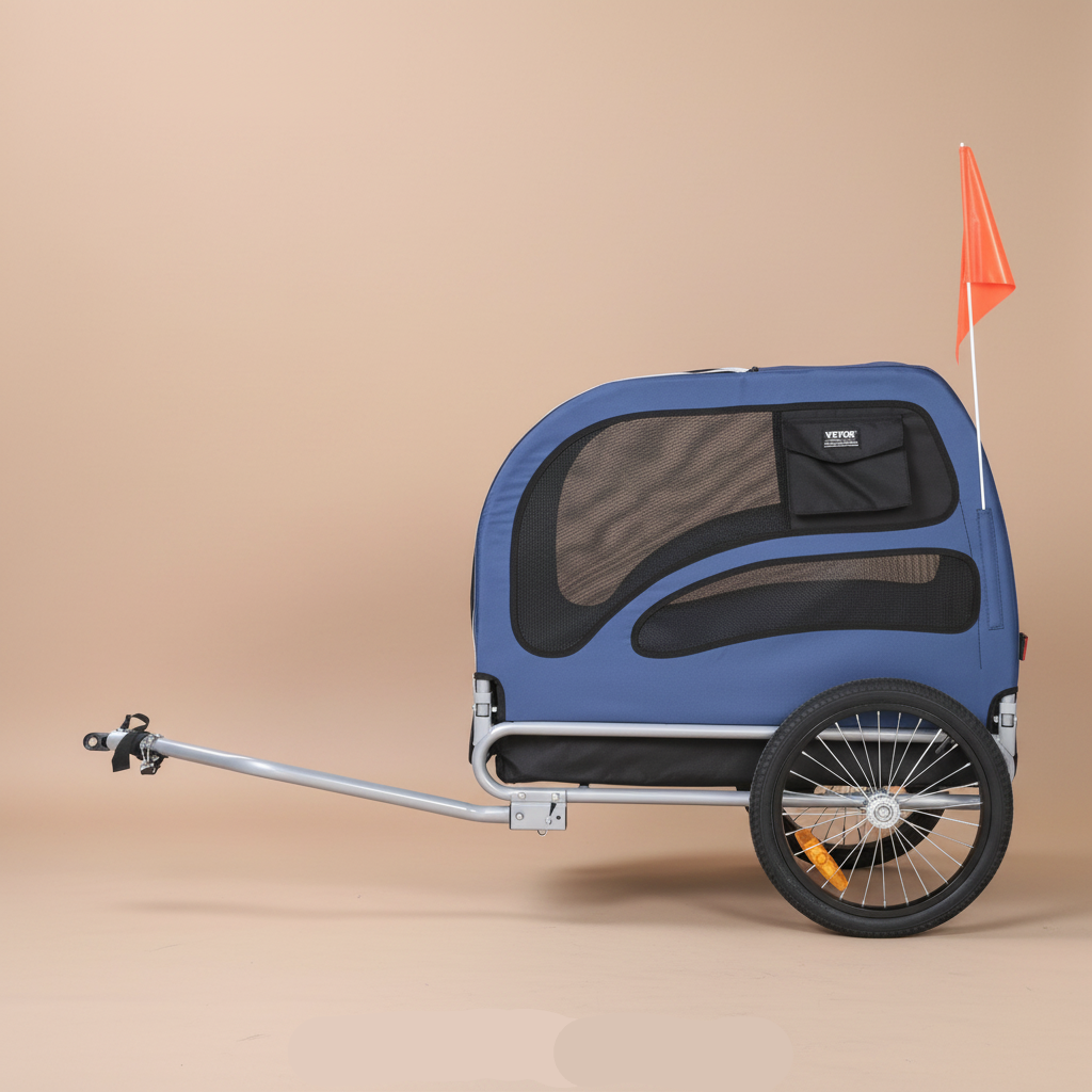 side view of blue and black pet bicycle trailer