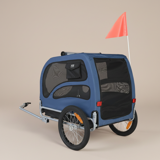 rear view of blue and black pet bicycle trailer