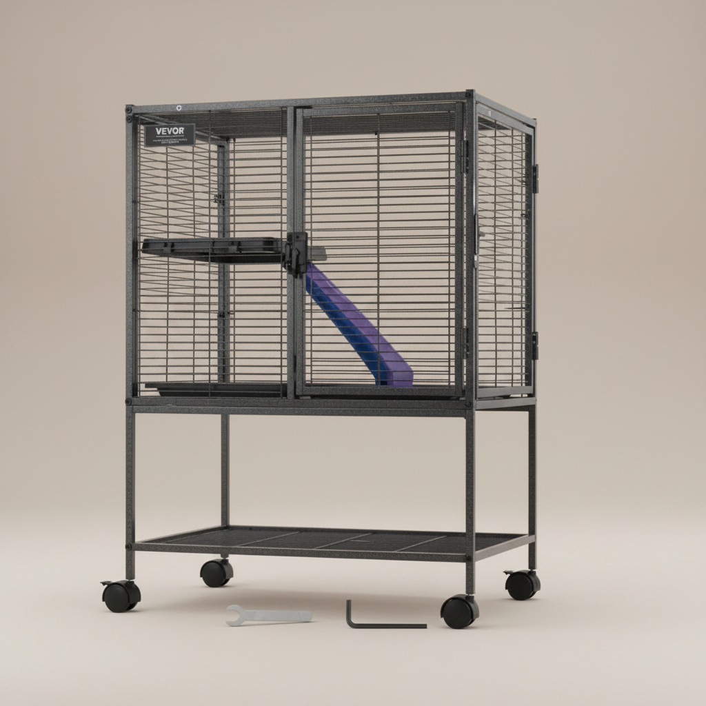 A black metal hamster cage on a wheeled stand with accessories shown below, including a wrench and a small tool. The cage has wire mesh sides, two levels and a purple felt covered ramp.