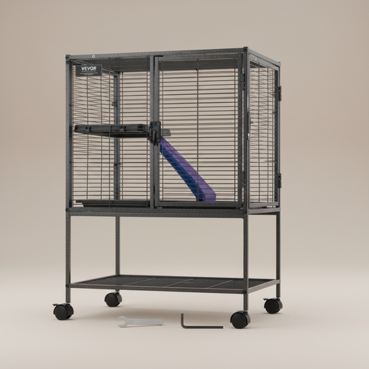 A black metal hamster cage on a wheeled stand with accessories shown below, including a wrench and a small tool. The cage has wire mesh sides, two levels and a purple felt covered ramp.