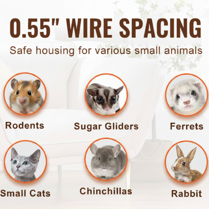 An informational product graphic for a small animal cage or enclosure, with the text '0.55" WIRE SPACING' and 'Safe housing for various small animals.