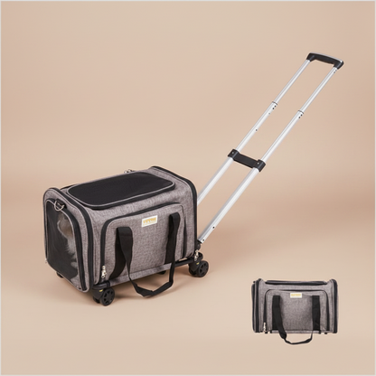 Gray pet carrier suitcase with wheels, telescoping handle, mesh side windows, shown with a cat and dog, plus accessories including a bowl, bottle, and a small inset showing a person opening the carrier.