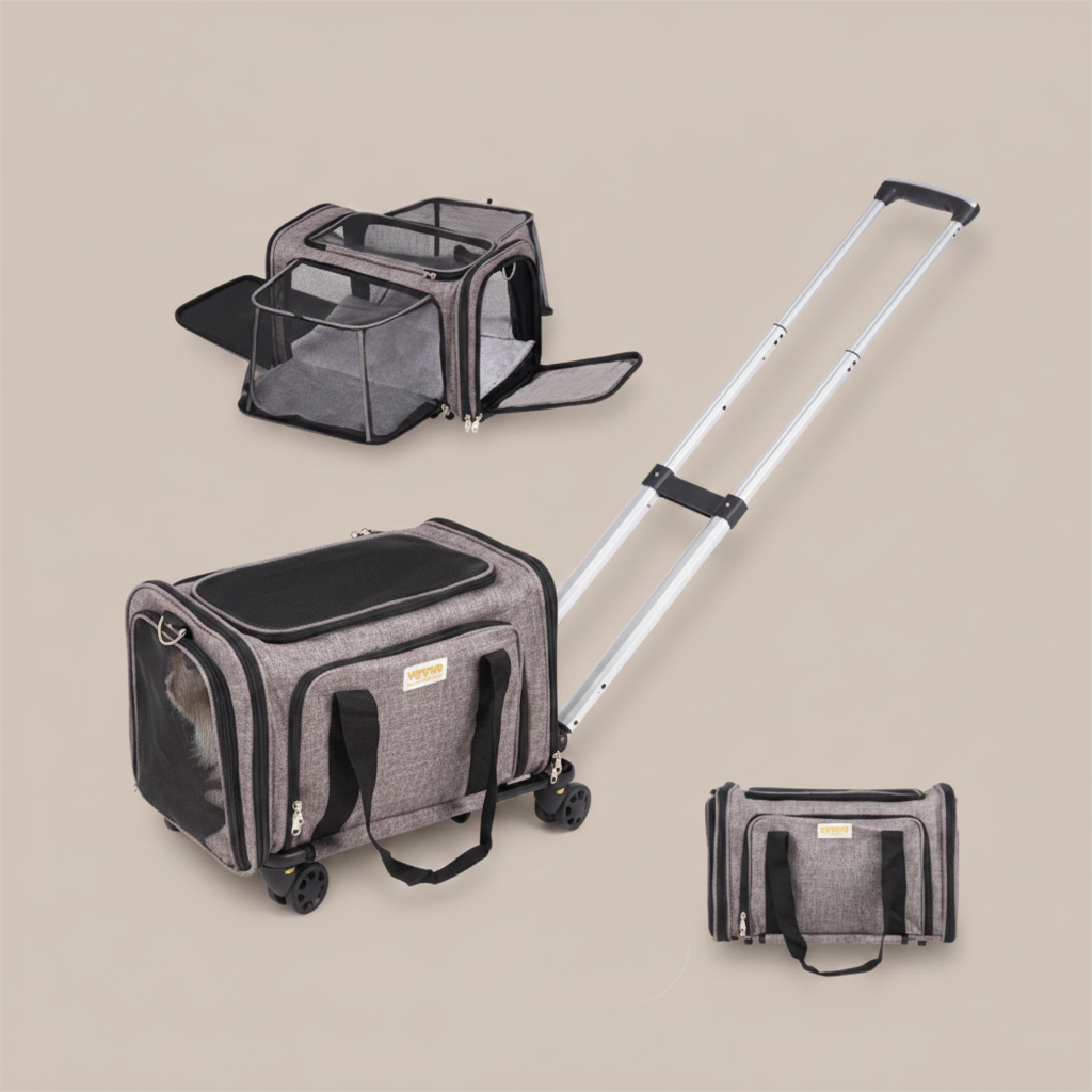 Gray expandable pet carrier with wheels, telescoping handle, mesh side windows.