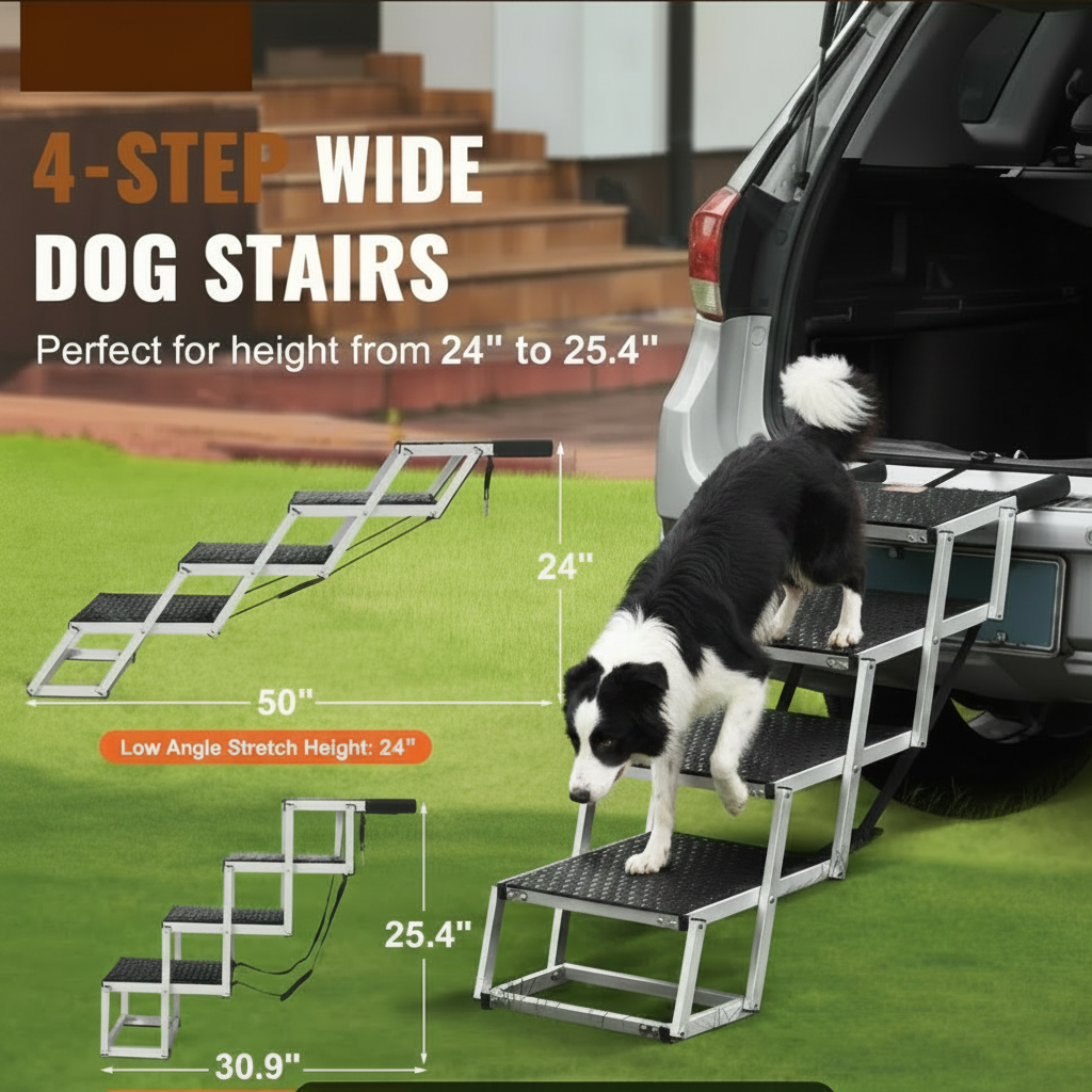 A folding 4-step wide dog stairs shown in use with a beagle dog climbing them beside an open SUV trunk on a grassy lawn. The image also includes dimension callouts for the stairs (50 inches, 24 inches, 30.