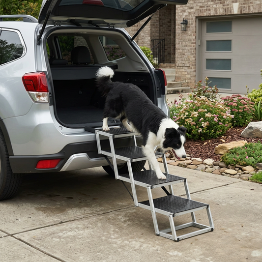 dog walking down folding pet stairs to exit back of vehicle.