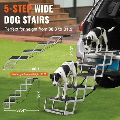 A 5-step folding dog stairs shown in front of a car trunk on a grassy lawn, with a dog climbing the stairs. The image includes dimension labels, angle measurements, and text noting the product is perfect for height from 30.