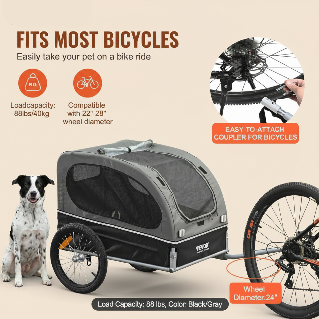 A VEVOR pet bicycle trailer shown on a beige background next to a black and white dog with a bicycle wheel and coupler attached. The image includes feature callouts such as load capacity, wheel diameter, and an inset showing the easy-to-attach coupler.
