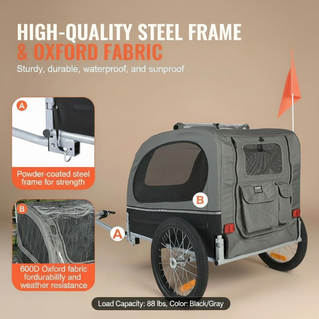 A gray and black pet trailer shown on a paved path in a grassy outdoor setting, with callout windows labeled A and B and marketing text about the high-quality steel frame and Oxford fabric. The image includes product feature inset boxes on the left and a small orange flag attached to the trailer.