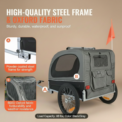 A gray and black pet trailer shown on a paved path in a grassy outdoor setting, with callout windows labeled A and B and marketing text about the high-quality steel frame and Oxford fabric. The image includes product feature inset boxes on the left and a small orange flag attached to the trailer.