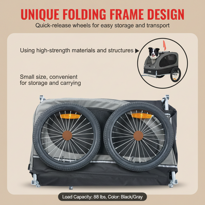 A folding bicycle trailer shown on a white informational graphic with text callouts, including 'UNIQUE FOLDING FRAME DESIGN,' 'Quick-release wheels for easy storage and transport,' and 'Small size, convenient for storage and carrying.' The trailer has two large wheels, a dark gray frame, and black fabric sides, with a small outdoor background visible behind it.