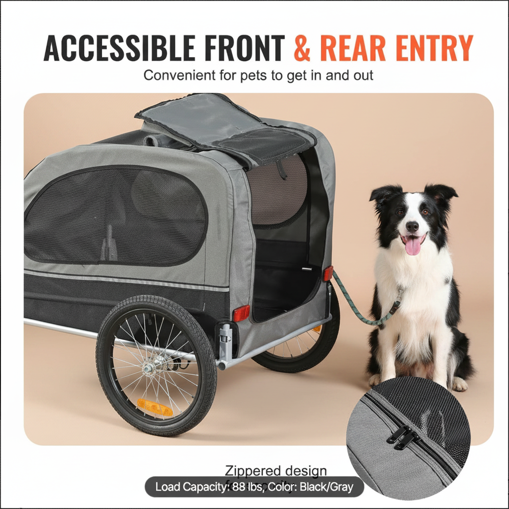 A pet trailer shown outdoors on a paved path with a golden retriever beside it. The trailer is gray and black with mesh side panels and a zippered rear entry.