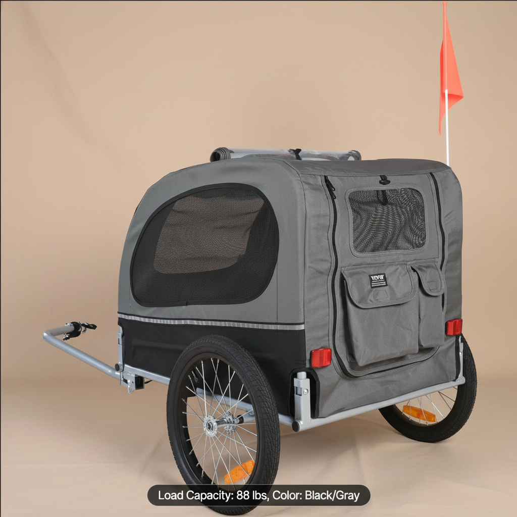 A gray and black pet trailer with mesh windows, two wheels, a silver trailer frame, and a small orange flag, shown on a beige background with a text overlay at the bottom.