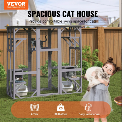 Cat House Outdoor, 7-Tier Large Catio, Cat Enclosure with 5 Platforms, 2 Resting Boxes & Large Front Door, 71.2 X 34.6 X 66.5 Inch  MustLovePets