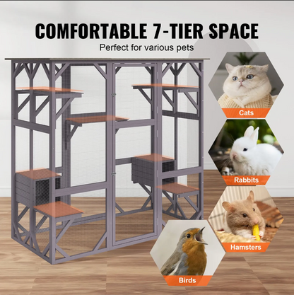 Cat House Outdoor, 7-Tier Large Catio, Cat Enclosure with 5 Platforms, 2 Resting Boxes & Large Front Door, 71.2 X 34.6 X 66.5 Inch  MustLovePets