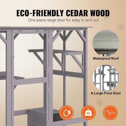 A large outdoor pet enclosure made of eco-friendly cedar wood, featuring a one-piece large front door and wire mesh panels. The image includes text highlighting its eco-friendly cedar wood construction, a waterproof roof, and a large front door, along with three orange icons indicating waterproof, durable, and spacious features.