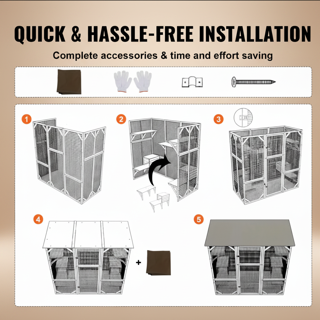 Installation guide graphic with the headline 'QUICK & HASSLE-FREE INSTALLATION' and five numbered step diagrams showing a wire pet enclosure being assembled, including accessory icons at the top and a folded panel shown in step 4.