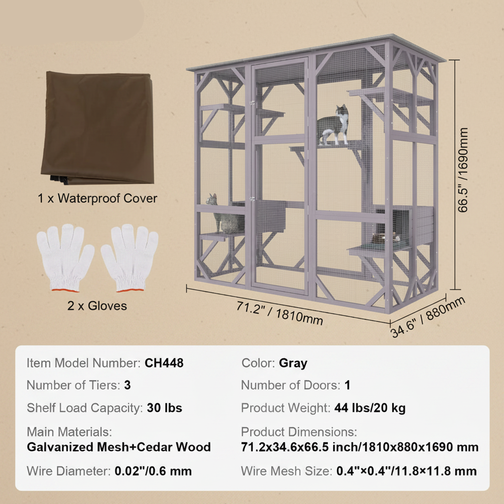 Gray cat tree enclosure with dimensions, shown on a white background with a brown waterproof cover, white gloves, and product specs text. A cat is visible inside the enclosure.