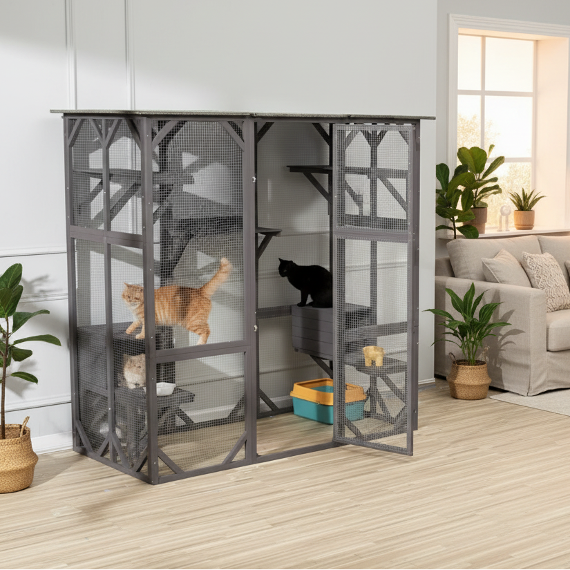 A large multi-level cat enclosure with a dark gray metal frame, wire mesh walls, and a light-colored stone-look top and bottom surfaces. The enclosure is shown on a wood floor against a white paneled wall, with two cats visible inside on different levels.