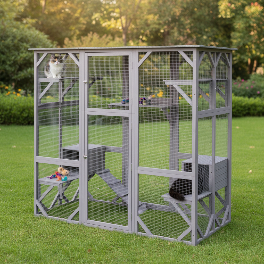 A large gray metal cat tree or small animal enclosure with wire mesh panels, multiple perches, a roofed top, and a hutch-style door, shown in a backyard setting.