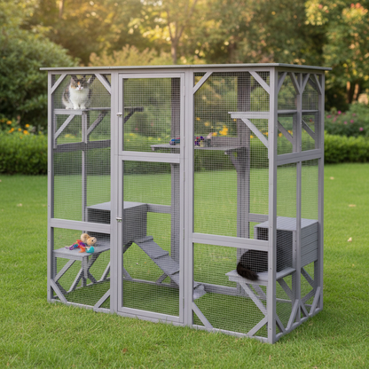 A large gray metal cat tree or small animal enclosure with wire mesh panels, multiple perches, a roofed top, and a hutch-style door, shown in a backyard setting.