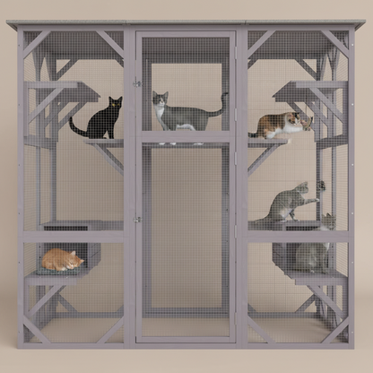 A large gray wooden cat enclosure with wire mesh panels, multiple perches, and two cats visible inside on a white background.