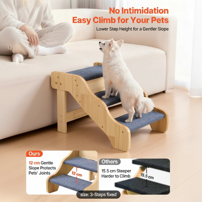 A wooden three-step pet ramp with blue carpeted steps, shown with a small white dog standing on it in a living room. Text at the top says 'No Intimidation Easy Climb for Your Pets' and includes a comparison inset at the bottom showing the 12 cm gentle slope versus a steeper 15.