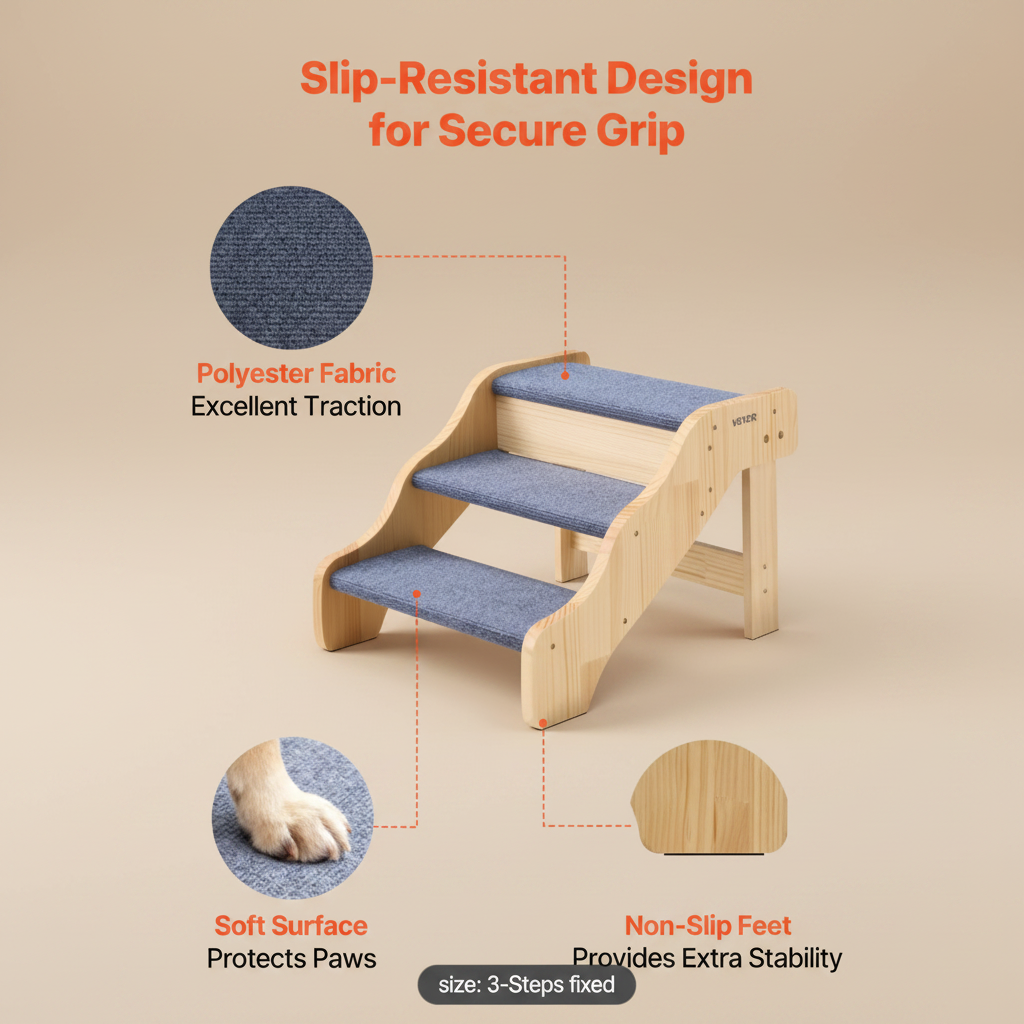A wooden three-step pet staircase with blue-gray non-slip carpeted steps, shown on a white background with marketing callouts and inset detail photos. Text highlights slip-resistant design, polyester fabric, excellent traction, soft paw-friendly surface, and non-slip feet.