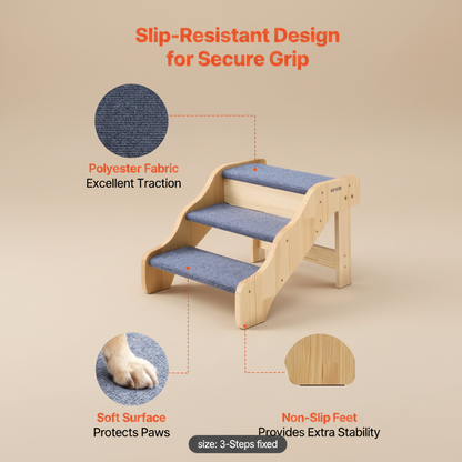 A wooden three-step pet staircase with blue-gray non-slip carpeted steps, shown on a white background with marketing callouts and inset detail photos. Text highlights slip-resistant design, polyester fabric, excellent traction, soft paw-friendly surface, and non-slip feet.