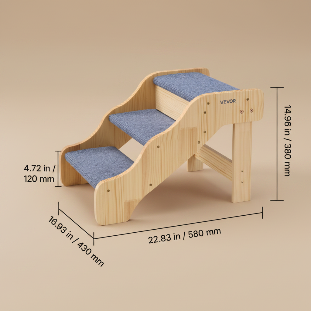 A wooden pet staircase with three steps, featuring blue-gray carpeted treads and side rails, shown with dimension lines and measurements on a light brown background. 