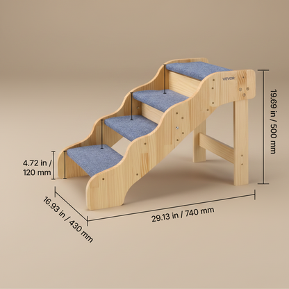 A wooden pet staircase with blue-gray cushioned steps, shown with dimension lines and measurements on a light beige background. 