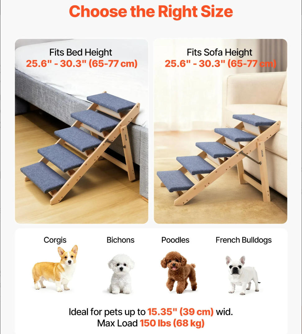 A size guide and compatibility chart for a wooden pet staircase with blue carpeted steps. The top section shows two examples: the stairs fit a bed height of 25.