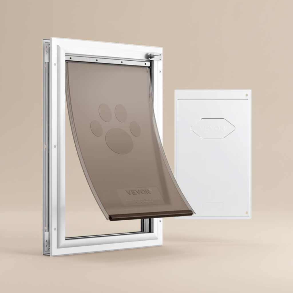 A white pet door with a translucent taupe-brown flap featuring a paw print, shown alongside its white backplate on a clean white background.
