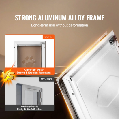 Promotional graphic for a pet gate featuring a strong aluminum alloy frame. The image shows a close-up of a white metal gate panel on the right, with a comparison inset on the left labeled 'OURS' showing the gate and 'OTHERS' showing a weaker plastic alternative.