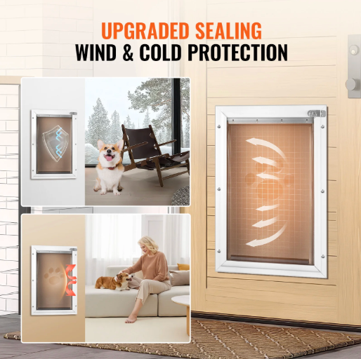 An upgraded pet door shown mounted on a light wood exterior wall, with marketing text reading 'UPGRADED SEALING WIND & COLD PROTECTION.' The main product is a white-framed automatic pet door with a warm orange glow indicating heat retention.