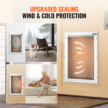 An upgraded pet door shown mounted on a light wood exterior wall, with marketing text reading 'UPGRADED SEALING WIND & COLD PROTECTION.' The main product is a white-framed automatic pet door with a warm orange glow indicating heat retention.