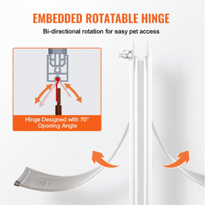 White bi-directional rotatable pet gate with orange arrows showing swing range and an inset diagram explaining the 70-degree hinge opening angle.