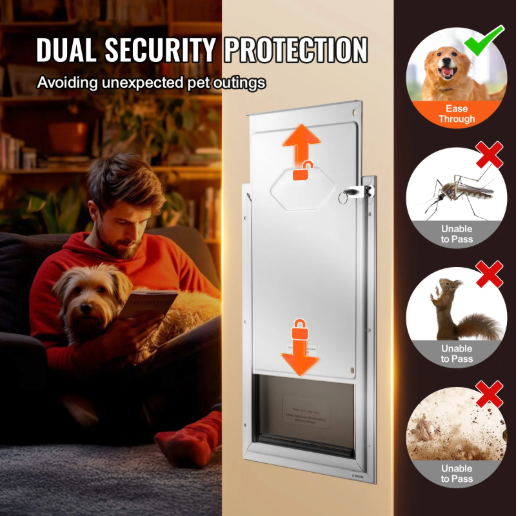 A pet door security guard with a stainless steel frame, shown in a promotional graphic with text reading 'DUAL SECURITY PROTECTION' and icons demonstrating pest blocking and easy entry.