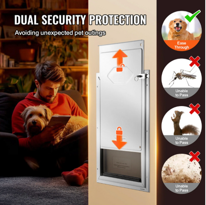 A pet door security guard with a stainless steel frame, shown in a promotional graphic with text reading 'DUAL SECURITY PROTECTION' and icons demonstrating pest blocking and easy entry.