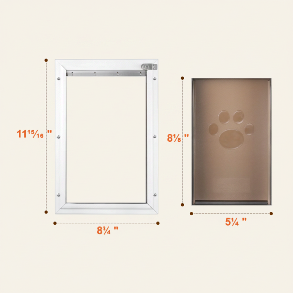 White pet door frame shown with dimension labels and a matching brown door insert featuring a paw print, on a white background.