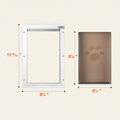 White pet door frame shown with dimension labels and a matching brown door insert featuring a paw print, on a white background.