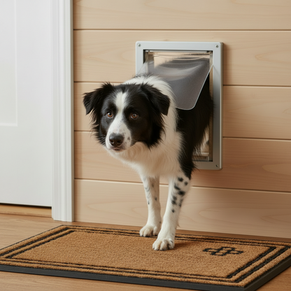 A large white-black dog stands in front of a pet door installed in a light wood-paneled wall, with a woven mat on the floor. The pet door has a gray flap and a clear lower panel.